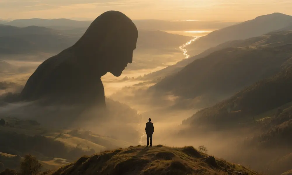 A symbolic lone figure facing the shadow of a giant.