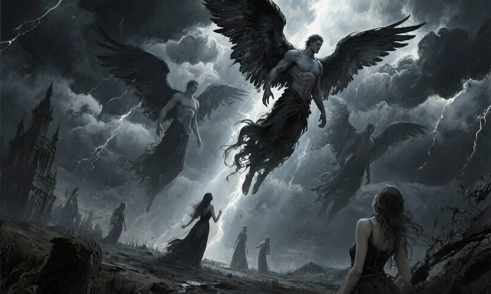 Male fallen angels descending from stormy heavens toward human women.