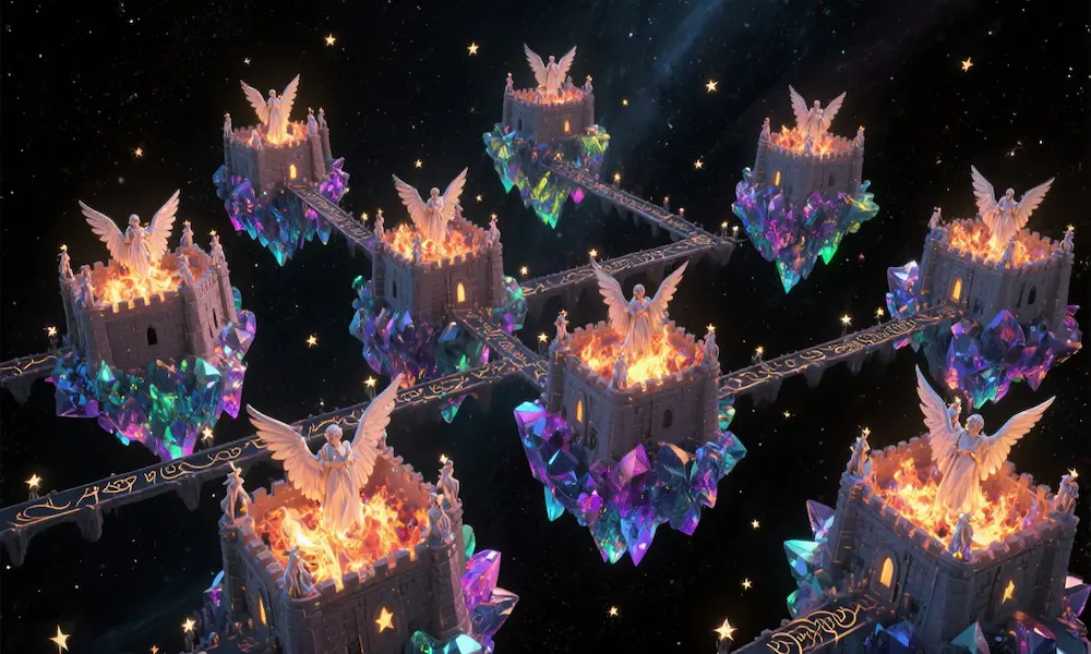 Twelve blazing constellation fortresses suspended like gates of fire and crystal, guarded by radiant hosts.