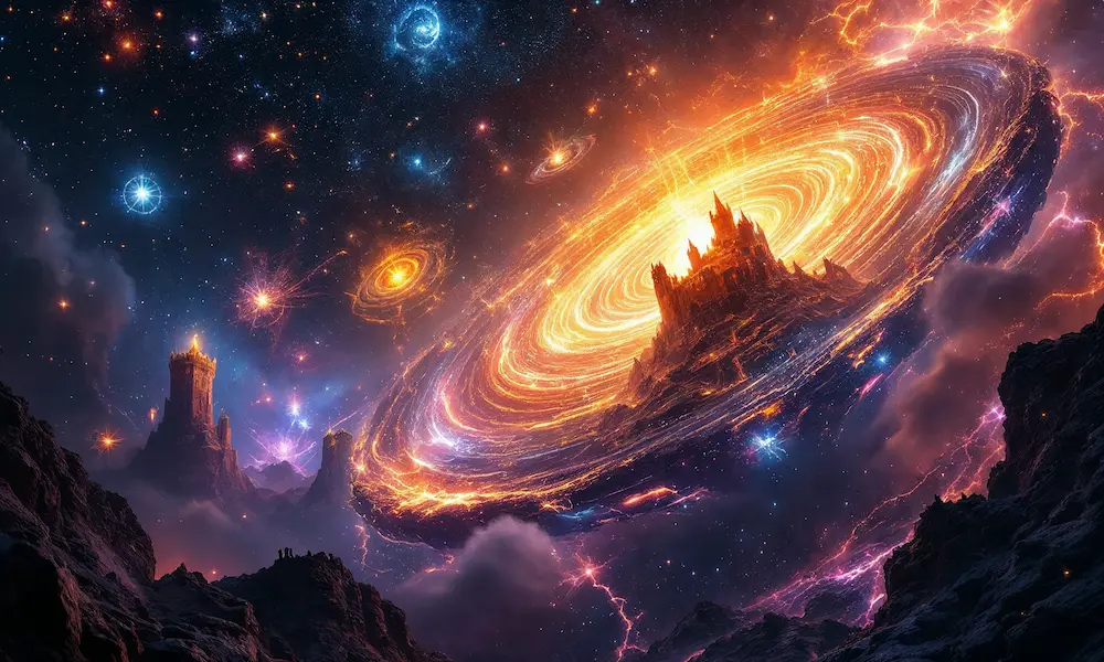 Twelve blazing constellation fortresses suspended like gates of fire and crystal, guarded by radiant hosts.