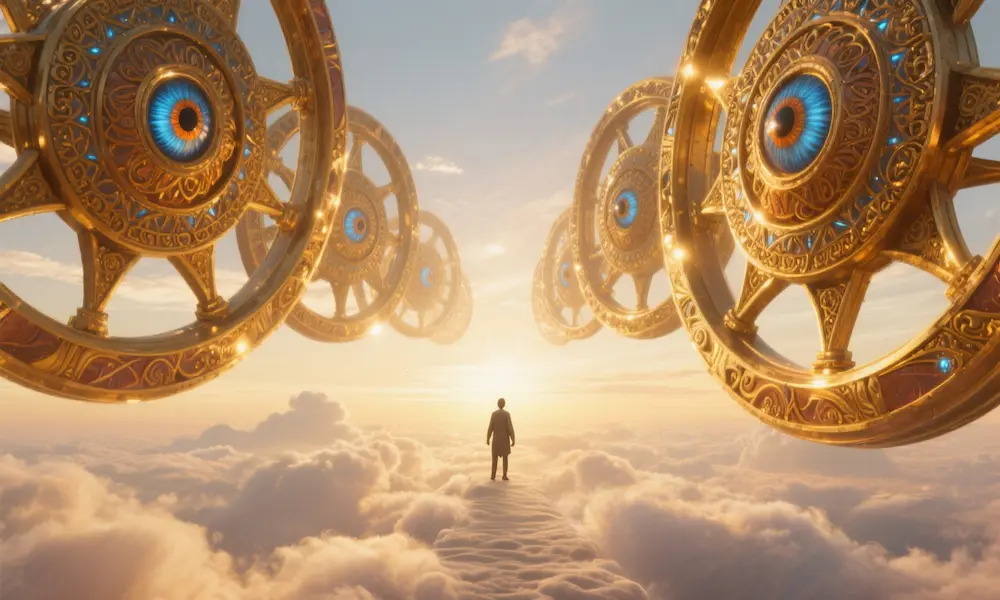 Distant wheels ascending above a sunrise horizon — a symbolic closing image of God’s movement and watchful presence