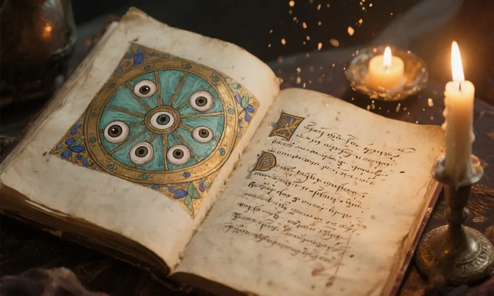 Ancient illuminated manuscript feel showing a stylized wheel and marginal notes — a blend of parchment and cinematic light