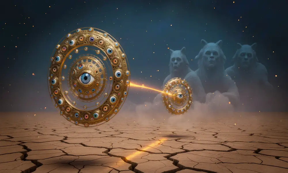 Wheels moving across an open plain with faint winged living creatures guiding them, suggesting divine movement