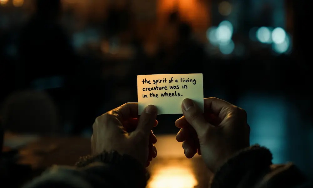 : Person in quiet prayer using an index card with “the spirit of the living creature was in the wheels,” night-shift setting, gentle hope
