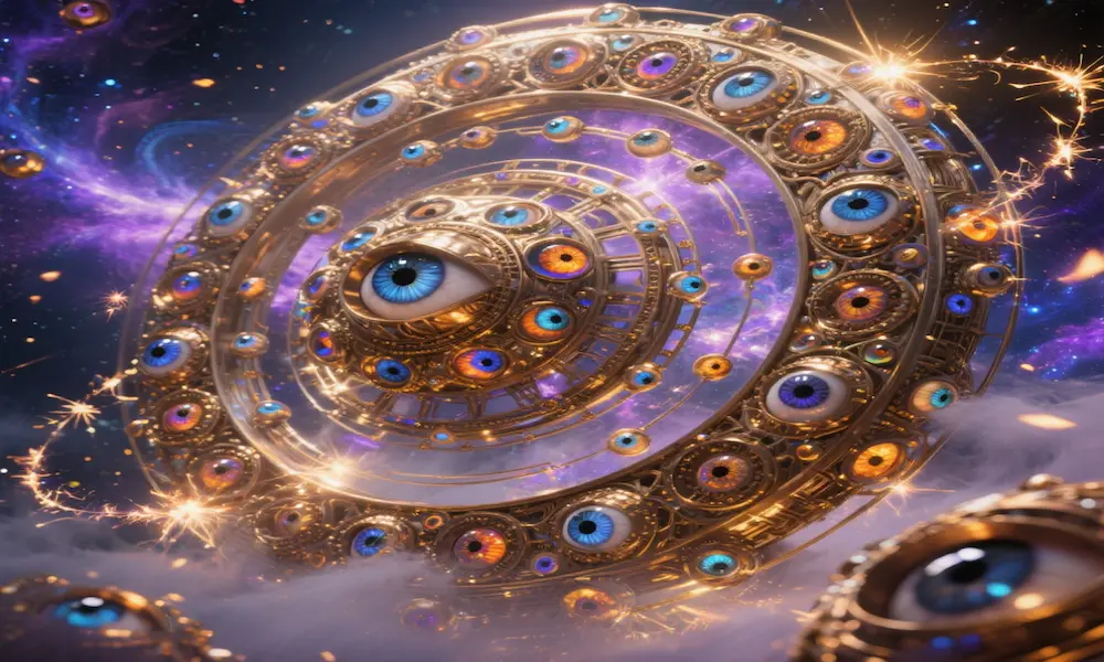 Close-up cinematic rendering of a "wheel within a wheel" with emerald/beryl reflections and rings of eyes