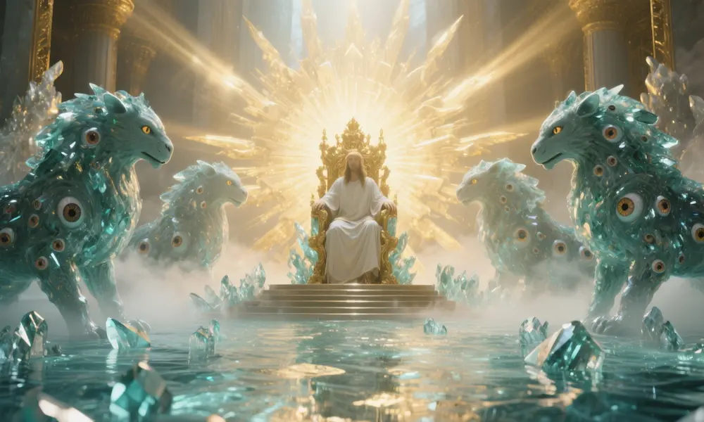 Throne-room scene with living creatures full of eyes around a radiant throne, worshipful atmosphere