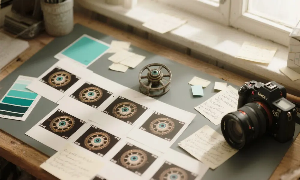 Artist’s storyboard spread showing cinematic frames of the Ophanim vision — sketches, color swatches, beryl highlights