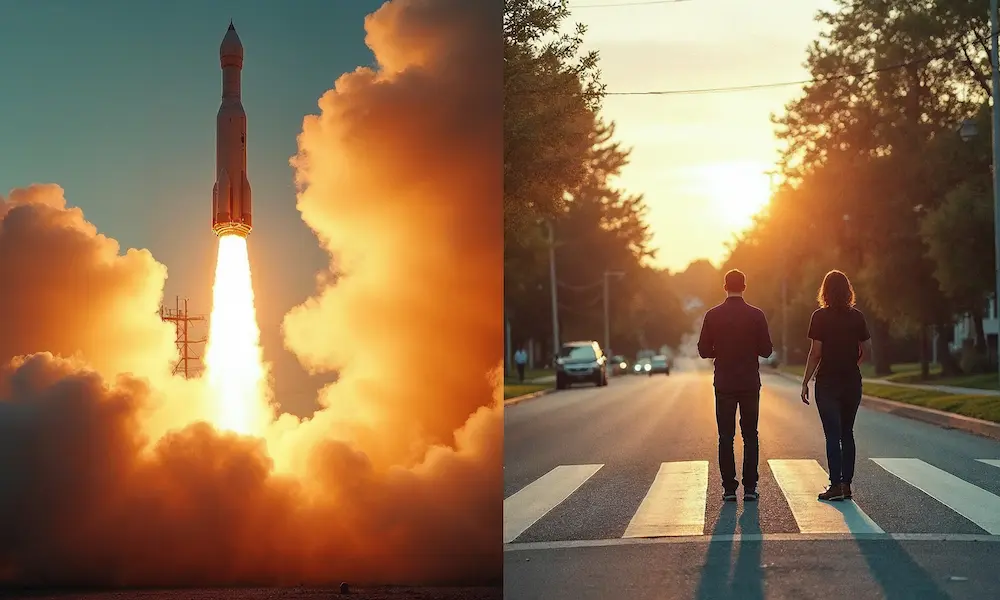 Split image of a rocket launch beside two neighbors hesitating at a crosswalk, contrasting outer achievement with inner connection