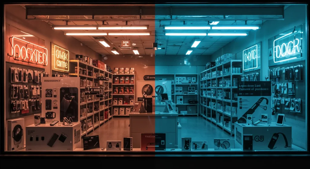 A bright, overfilled showroom window contrasted with an empty stockroom of bare shelves, symbolizing modern abundance without depth.