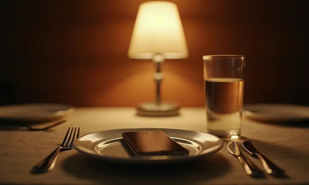 A warm dinner table scene with a phone placed face down, signaling an unhurried, no-phone meal for real connection.