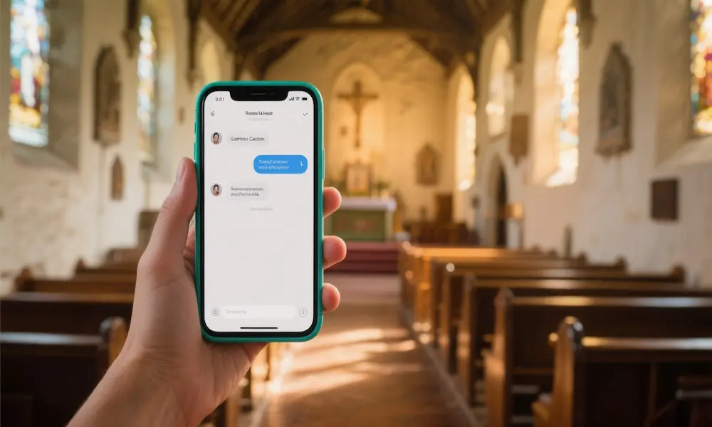 Church interior with smartphone showing AI chat and a pastor’s hand reaching toward it
