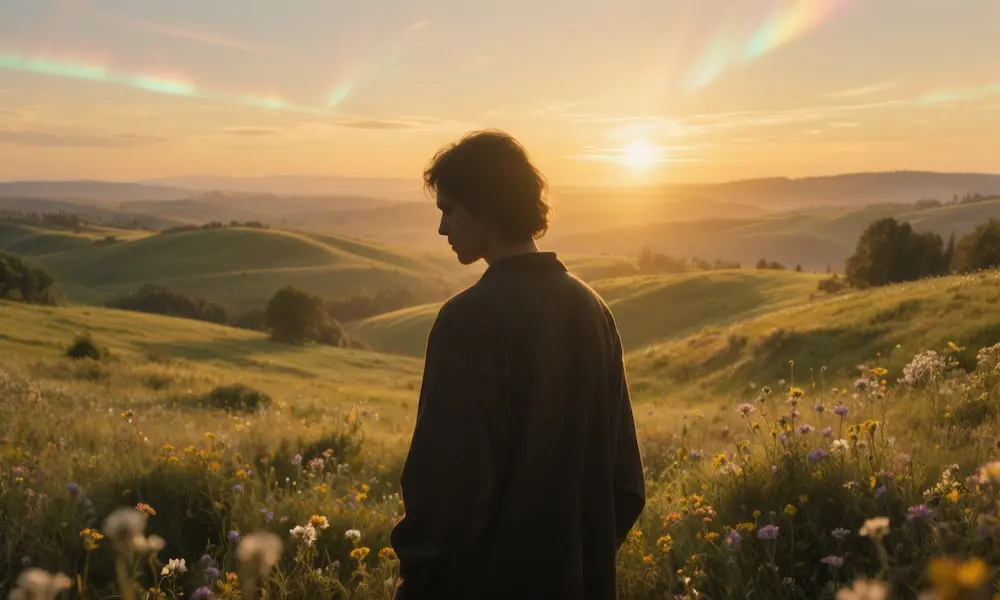 Serene pastoral scene with figure looking toward horizon where natural and digital light converge