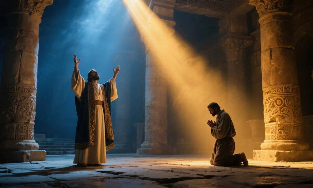 Pharisee and tax collector in temple showing contrast between pride and humility