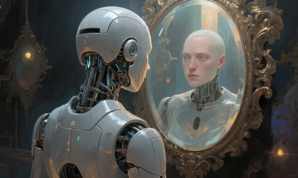 AI figure gazing into mirror showing a human reflection