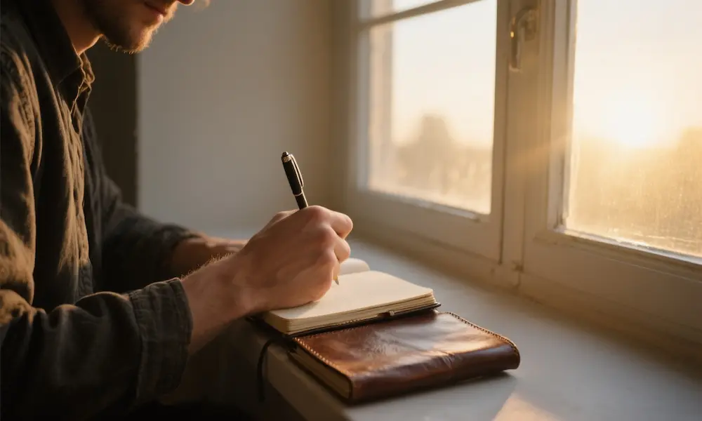 Cinematic scene of person writing in journal by window with morning light representing practical spiritual discipline