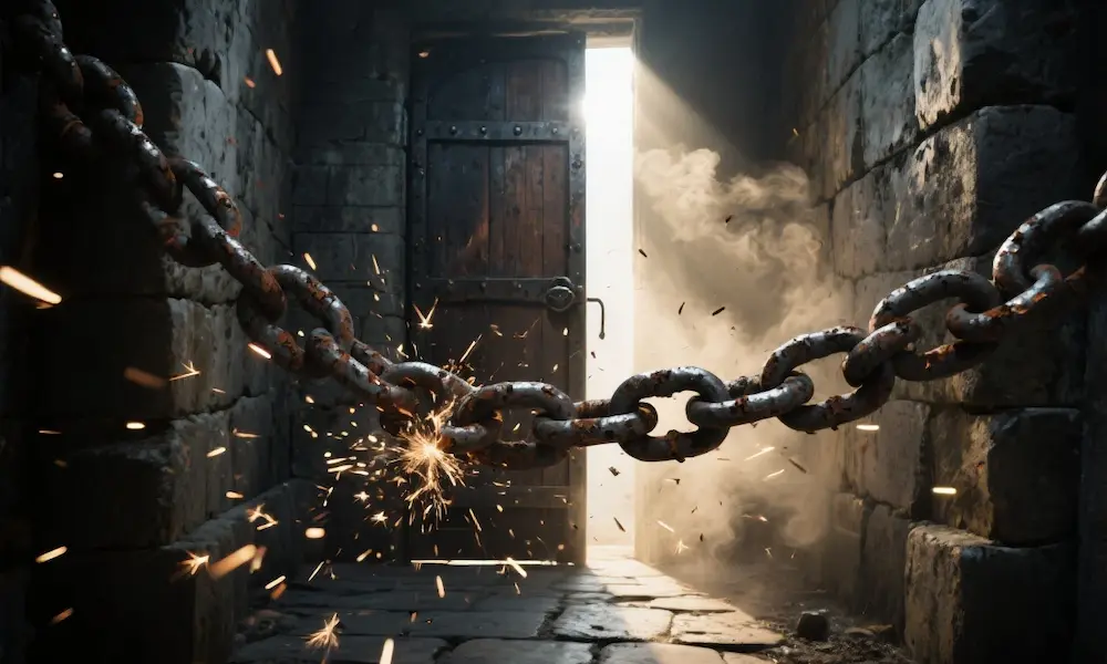 Symbolic image of chains snapping and a heavy door opening to bright light in a dark stone corridor, representing praise leading to breakthrough.