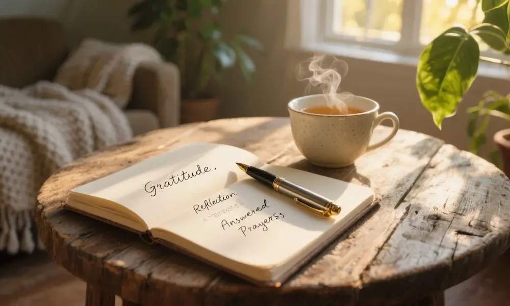 Open journal and pen with soft light, inviting reflection.