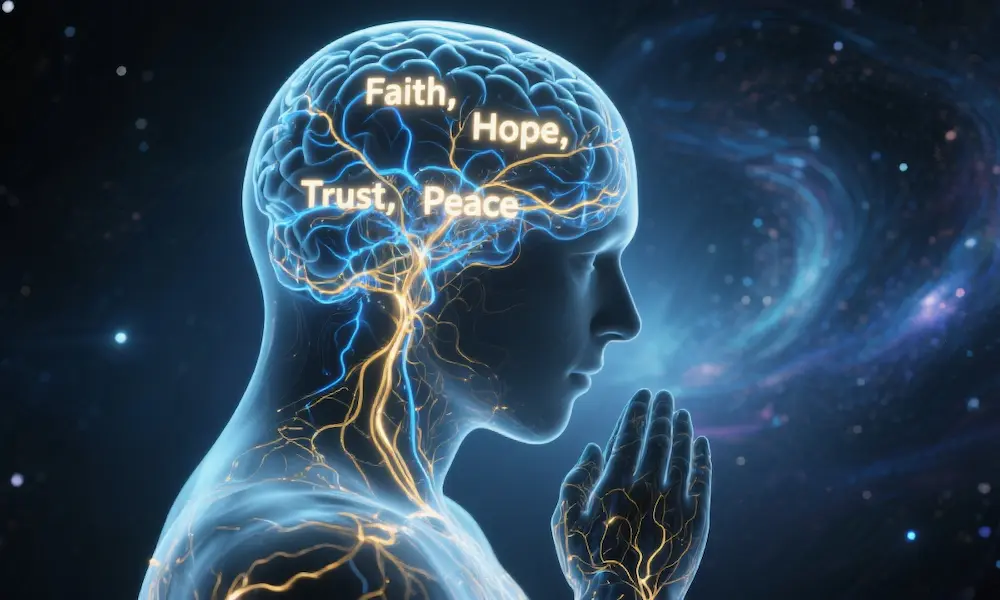 Artistic brain with neural pathways and a praying silhouette.