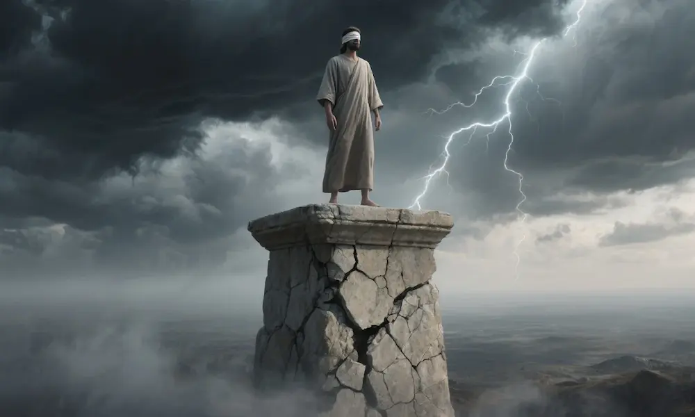 Blindfolded person on a cracking pedestal, symbolizing pride before a fall.