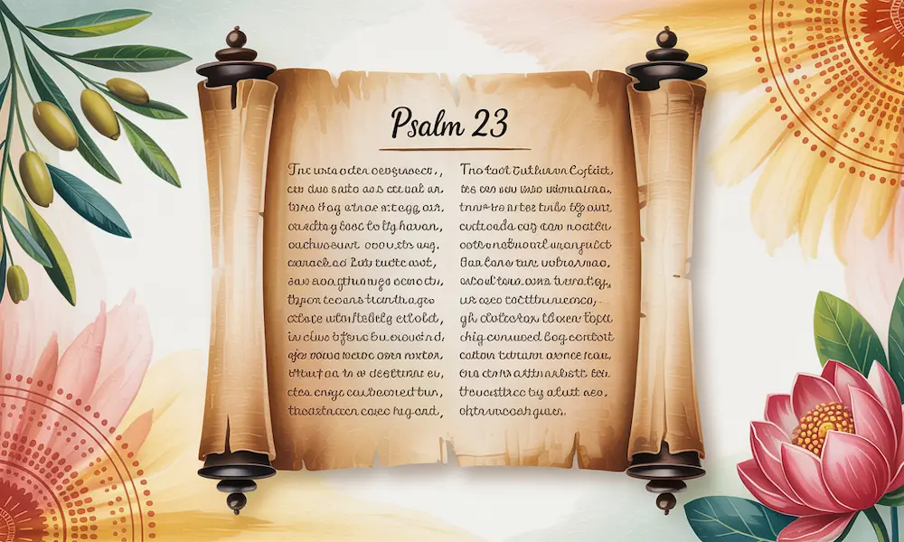 Ancient scroll with Psalm 23 text, surrounded by symbols of comfort and hope across cultures.