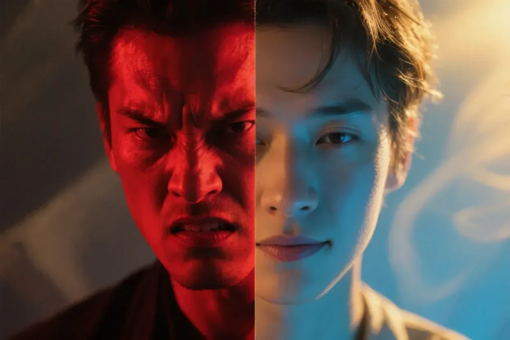 Split-screen showing stressed person vs calm person, illustrating emotional choice and self-control