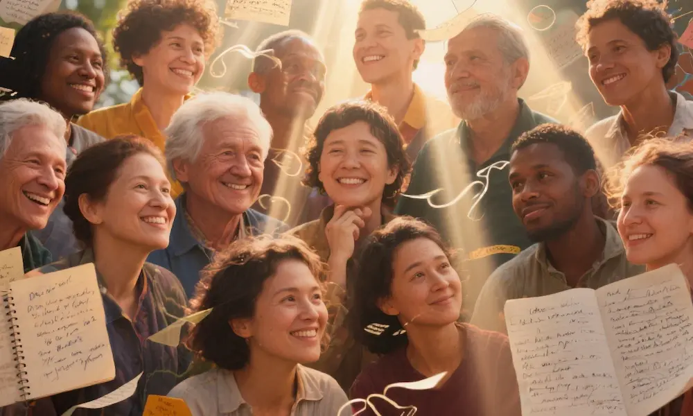 A collage of diverse faces and journal entries, illuminated by rays of light, symbolizing hope and shared freedom.