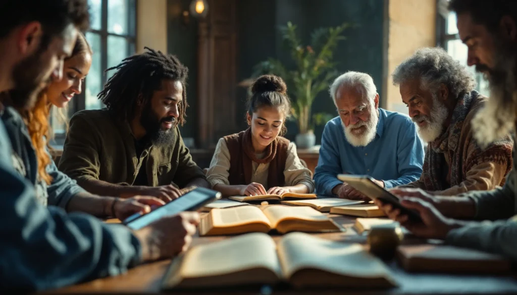Diverse group reading ancient manuscripts and digital tablets, symbolizing reclaiming lost wisdom.
