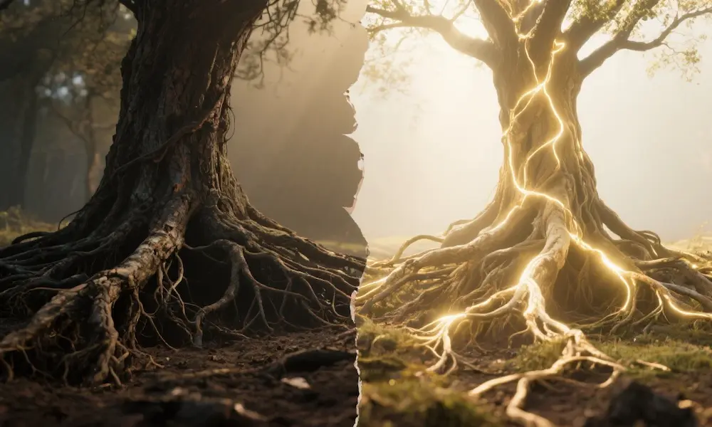Tangled roots beneath a tree split with radiant light breaking through, symbolizing the psychological and spiritual roots of lust.