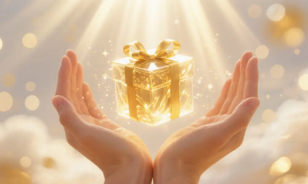 Open hands receiving a glowing gift wrapped in light, symbolizing God’s grace.