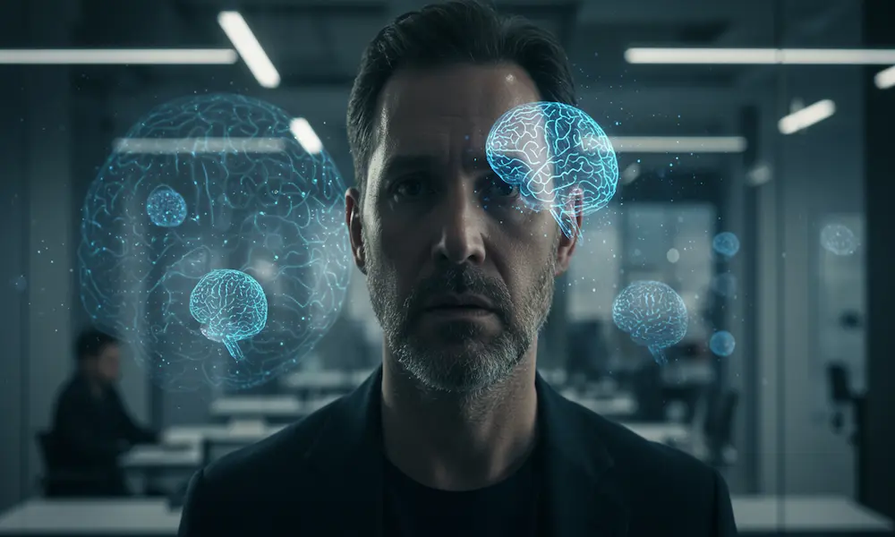 Tech CEO in modern office with holographic AI brain projection, expressing concern and fear about artificial intelligence development