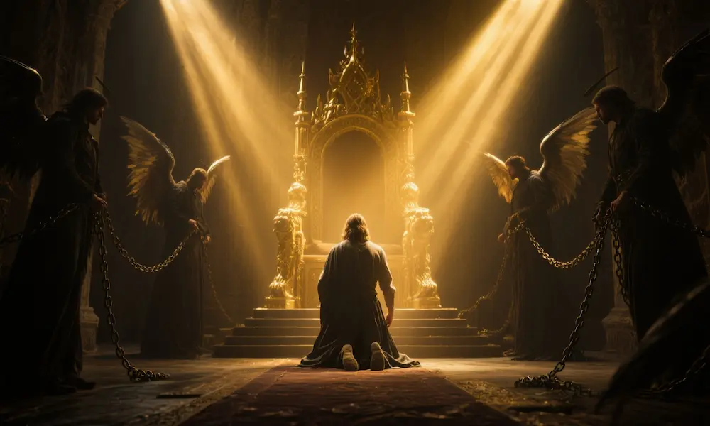 Sariel kneeling before the throne of light, restored in radiance.