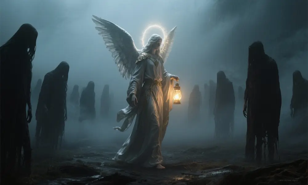 Sariel guiding lost human souls with a radiant lantern of hope.