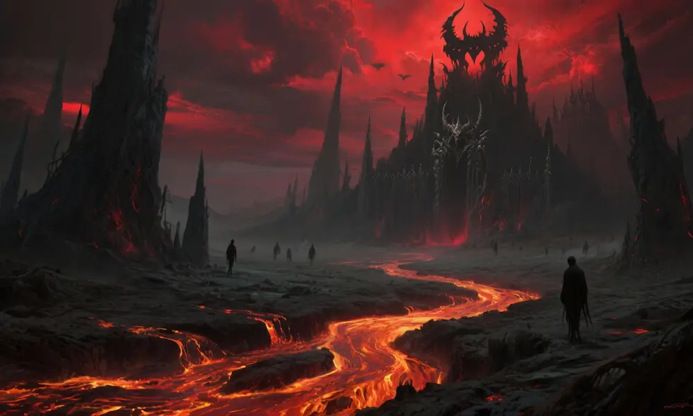 Dark kingdom landscape with rivers of fire and shadowy towers