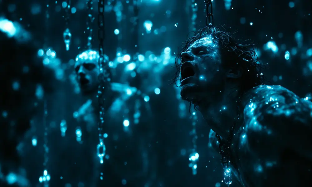Bound angels suspended in chains of unbreakable light in a starless void.