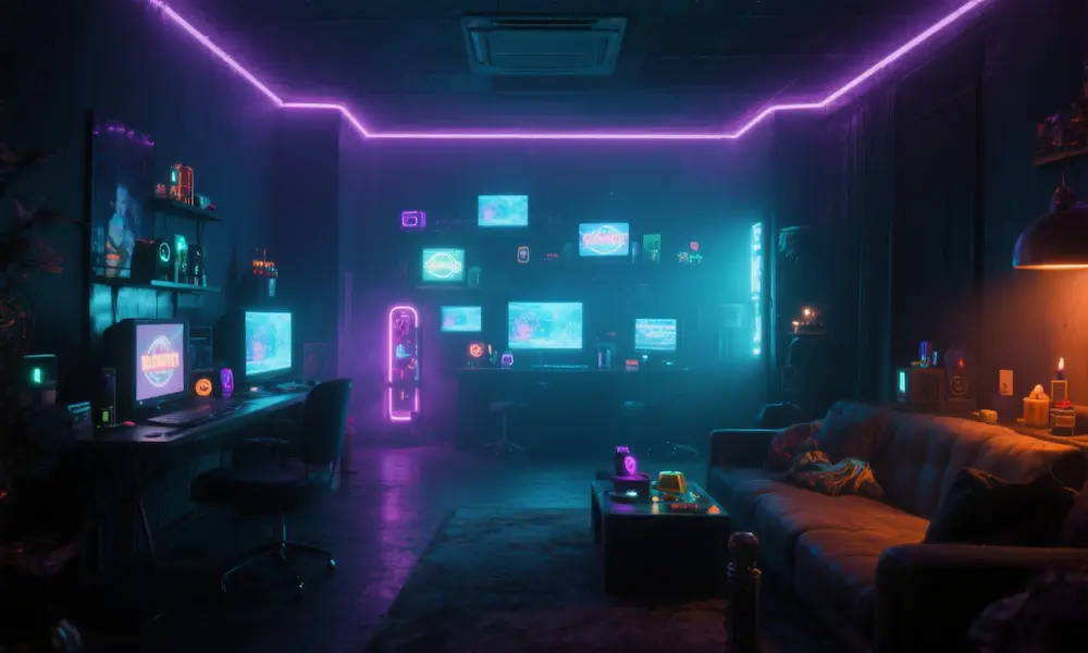 Cinematic scene of glowing screens and tempting objects in dark room representing modern sensual temptations