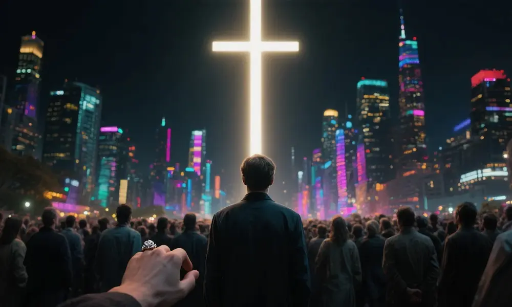 A person stands apart from a crowd, facing a glowing cross while others face city lights, symbolizing spiritual separation and loyalty.