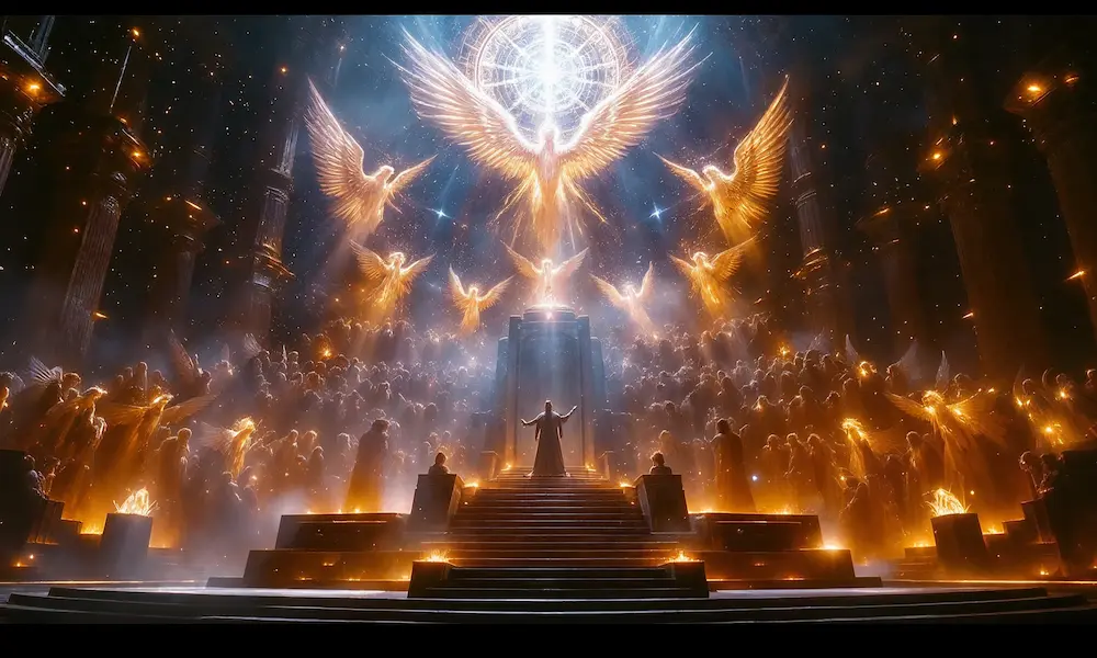 Court of thrones filled with seraphim and cherubim; living light so intense it reshapes the air.