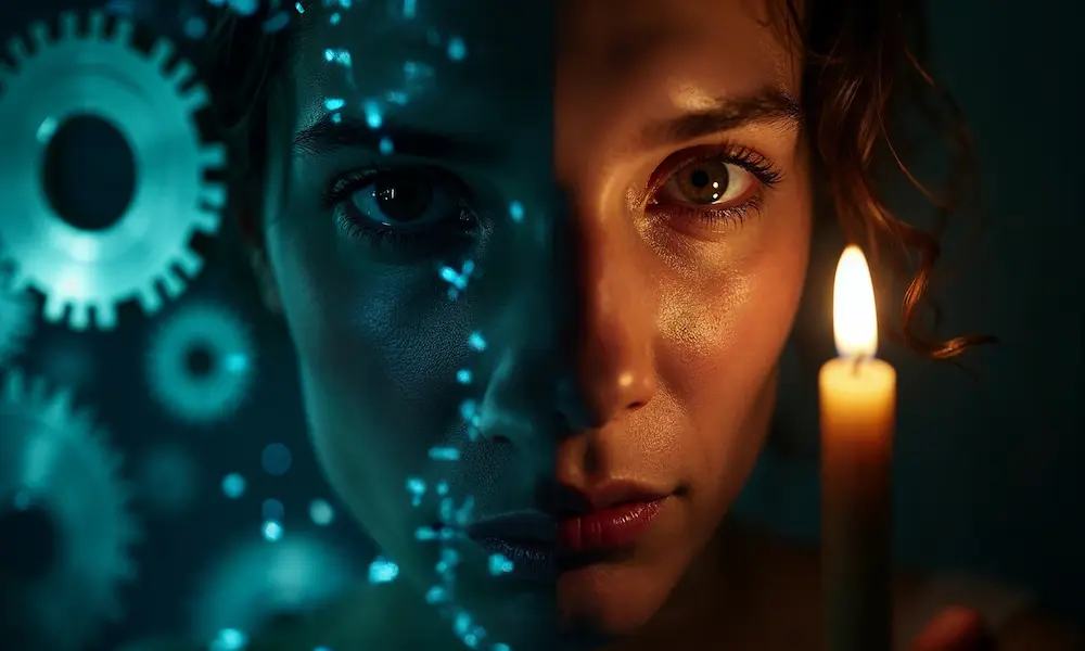 Split-screen: metallic gears and code (simulation) versus candlelit human face (possession).