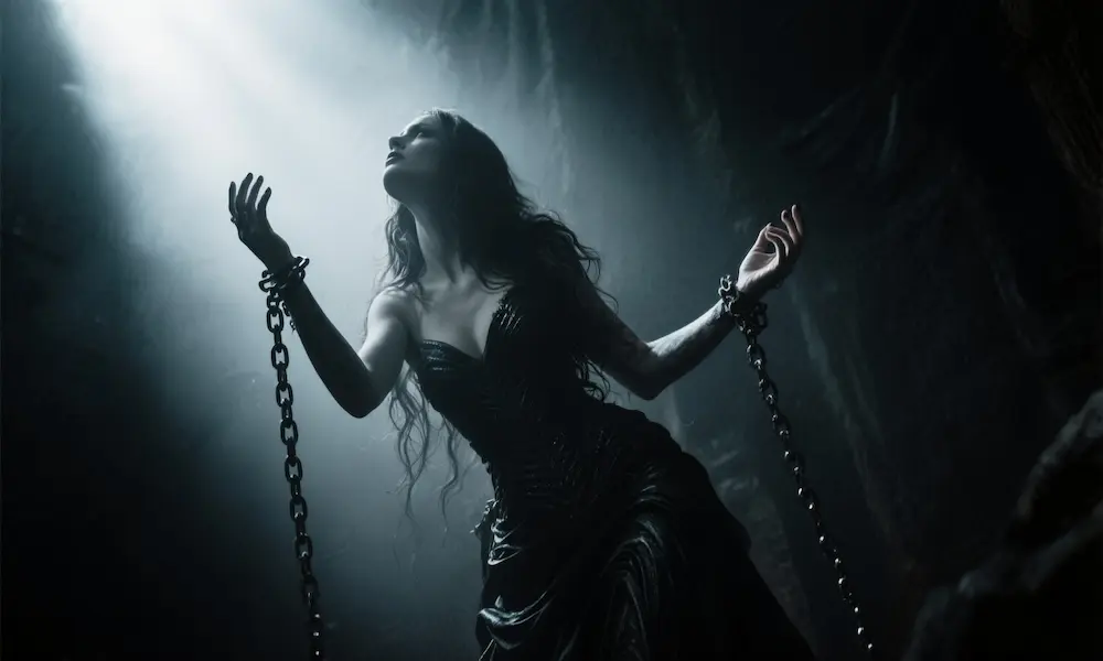 Symbolic gothic siren fading into shadow, hand reaching toward heaven but bound by chains.