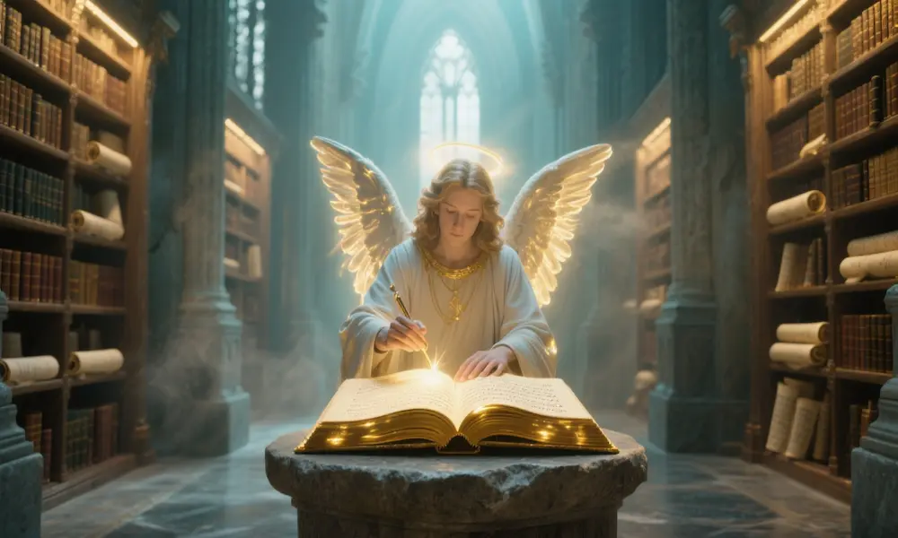 A solemn angelic scribe with glowing hands sets endless scrolls of light before the throne.