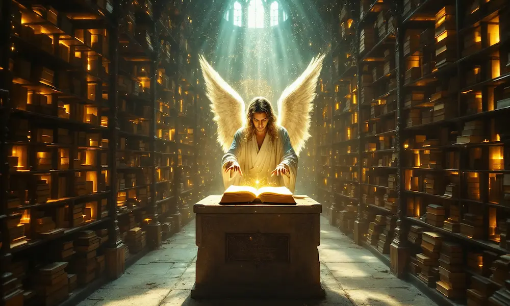 A solemn angelic scribe with glowing hands sets endless scrolls of light before the throne.