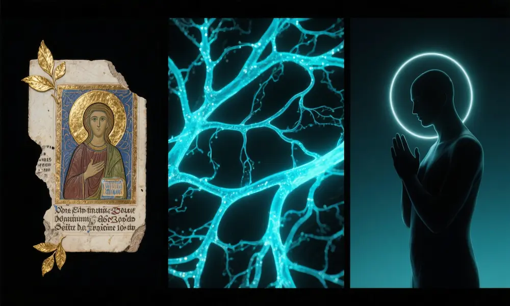 Triptych showing theological icon, neural schematic, and praying silhouette to illustrate three views of “soul.”