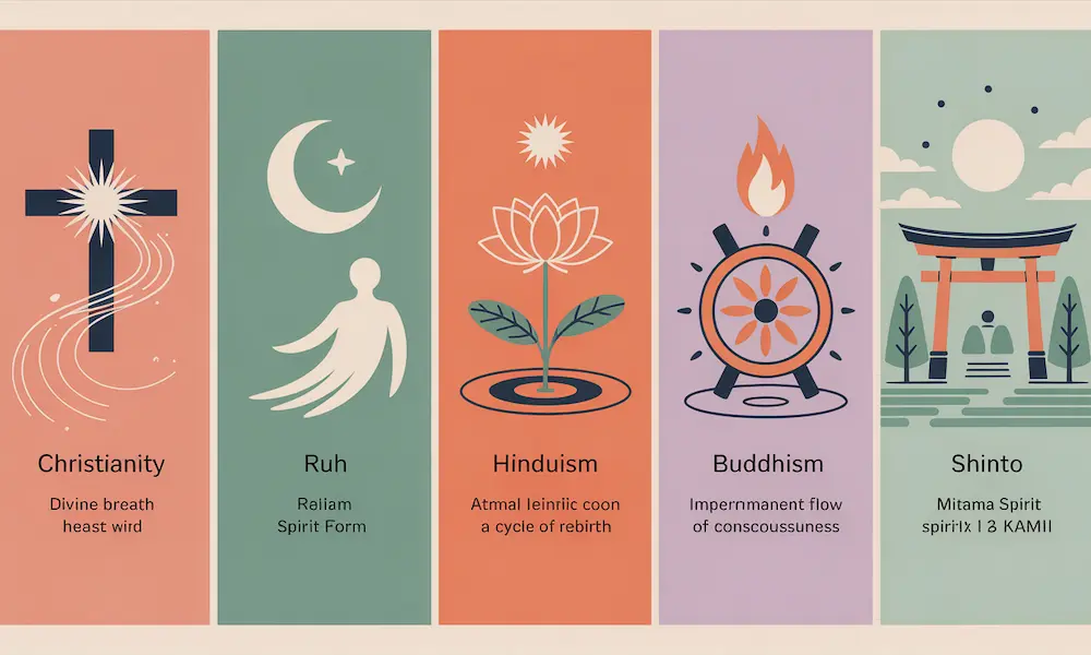 Infographic showing soul concepts in Christianity, Islam, Hinduism, Buddhism, and Shinto