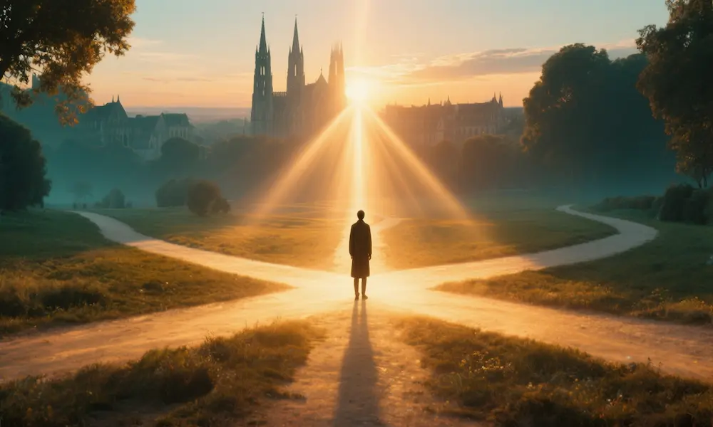 Human figure standing at crossroads with multiple paths leading to divine light
