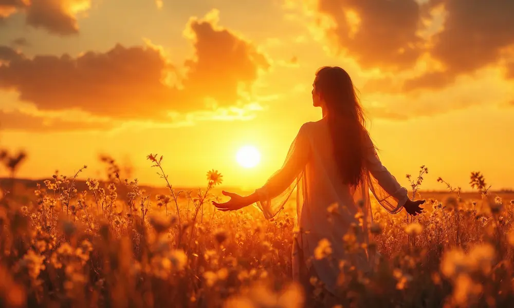 Person in a field at sunrise, arms open, glowing with peace and connection.
