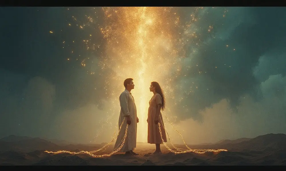 Two people connected by glowing spiritual chains, symbolizing soul ties.