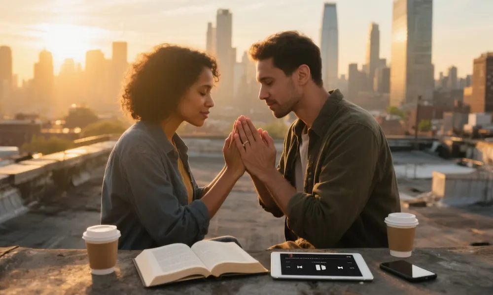 Couple praying together on a rooftop at sunset, city skyline behind, symbolizing faith and spiritual growth.