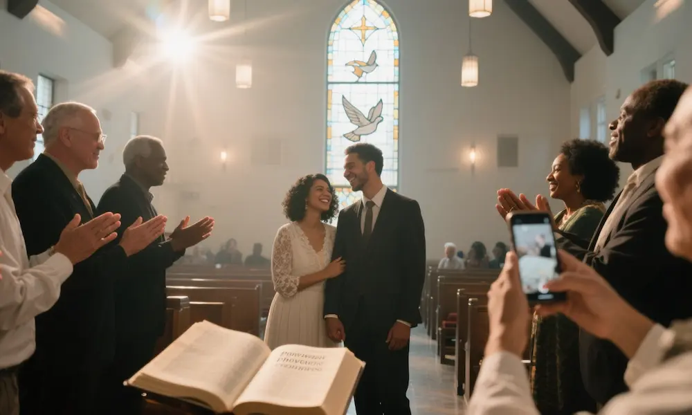 Couple receiving a blessing from diverse spiritual mentors in a modern church, symbolizing godly confirmation.