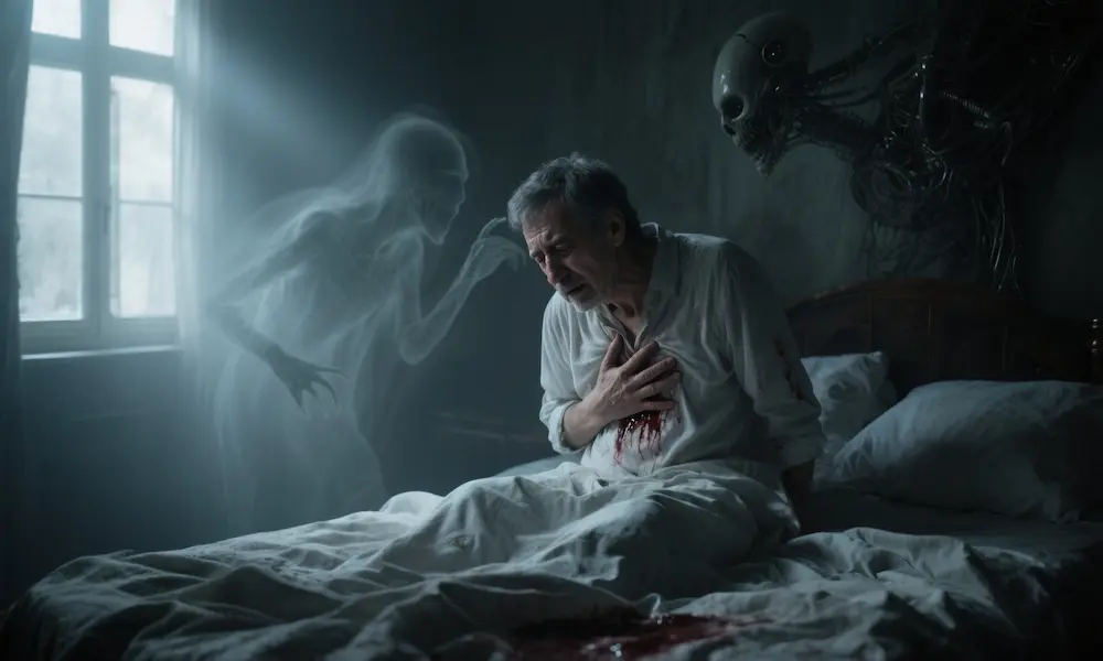 Person experiencing unexplained physical pain under spiritual attack, with shadowy influences in the background.