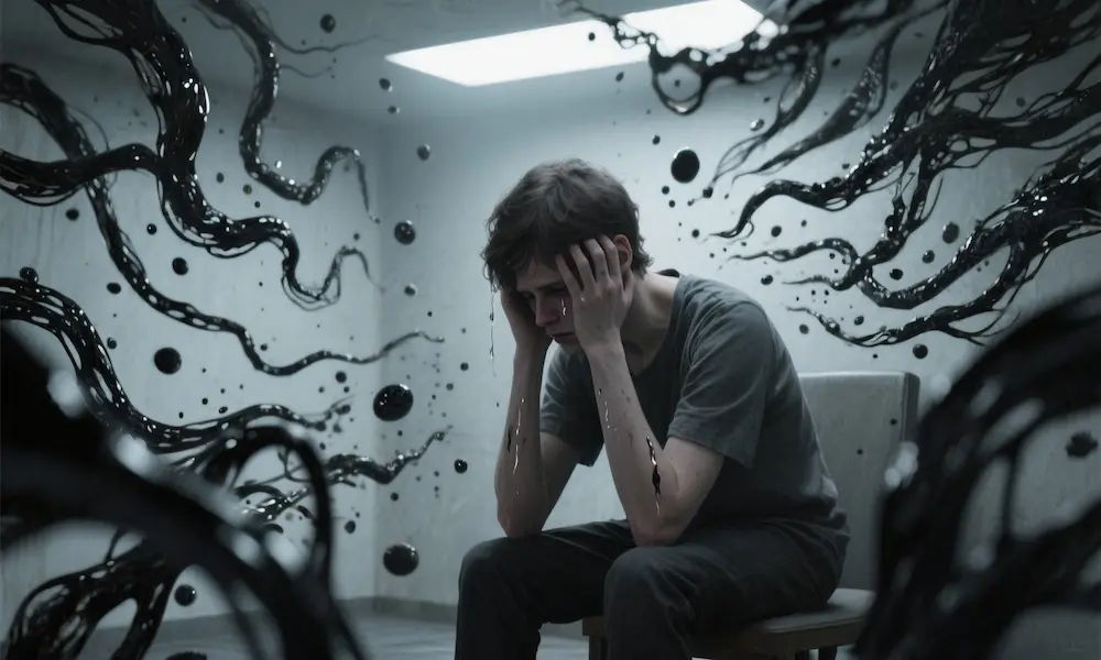 Individual overwhelmed by anxiety and dark thoughts, symbolizing spiritual mental attacks.
